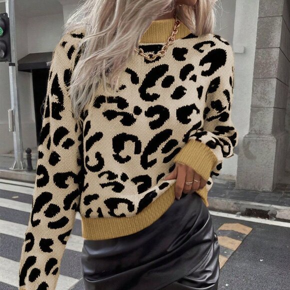 Multicolor Casual Women's Leopard Print Crew Neck Long Sleeve Pullover Sweater - Picture 5 of 5